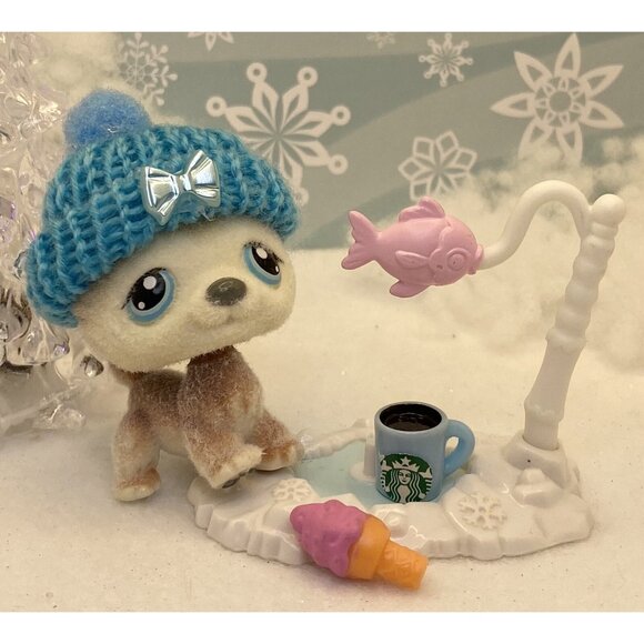 Littlest Pet Shop Custom Flocked Fuzzy # 68 Brown White Husky Blue Eyes - Picture 1 of 4